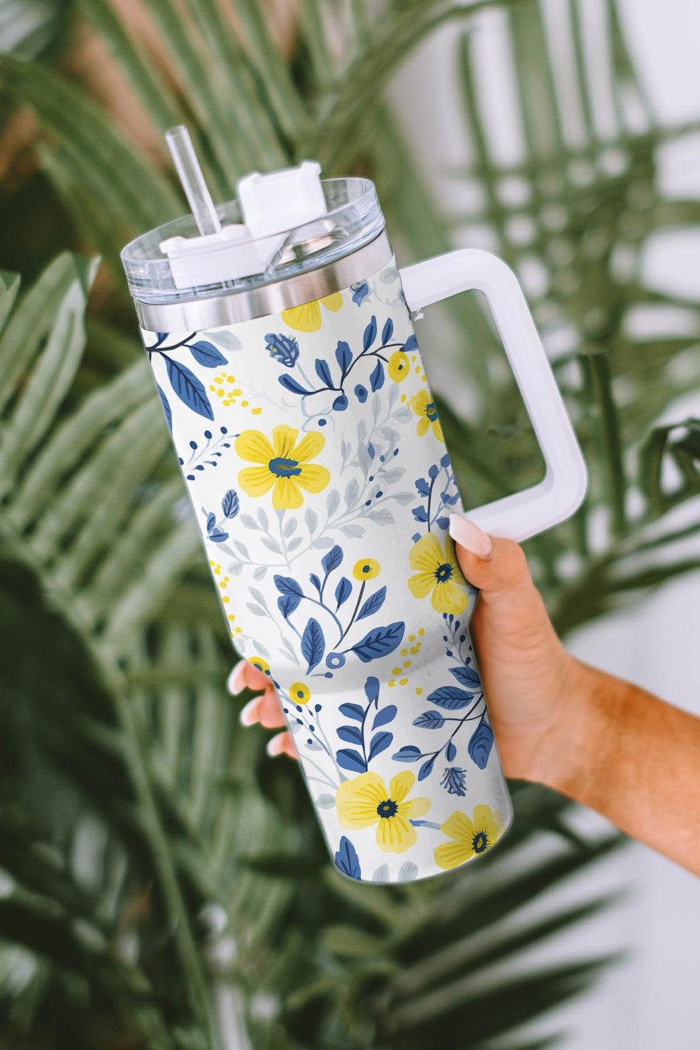 White Flower Print Stainless Handled Large Tumbler 40oz - L & M Kee, LLC