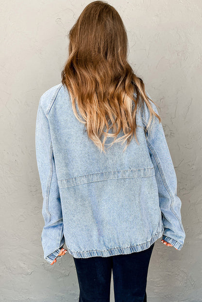 Myosotis Elastic Edge Collared Zip Up Denim Jacket With Pocket