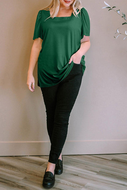 Green Plus Size Square Neck Ruched Shoulder Short Sleeve Top - L & M Kee, LLC