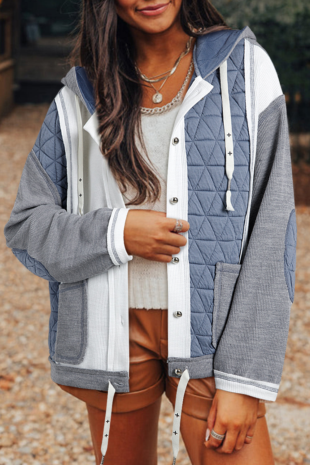 Beige Quilted Textured Patchwork Loose Fit Hooded Jacket