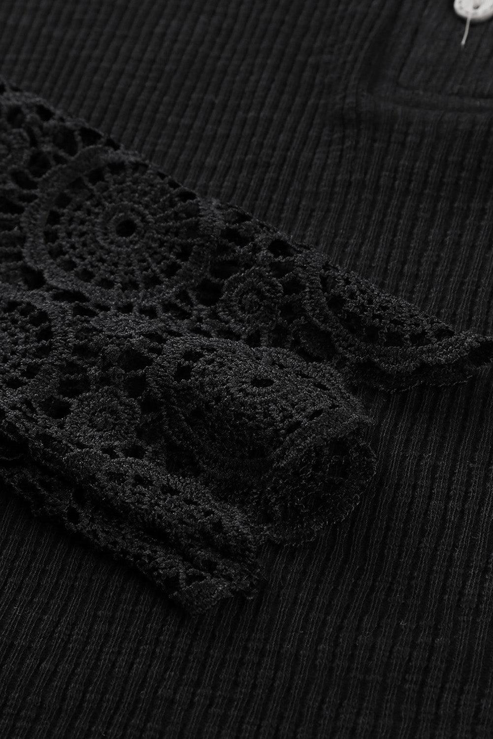 Black Crochet Lace Hem Sleeve Button Top - L & M Kee, LLC