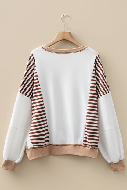 Brown Stripe Colorblock Patchwork Contrast Stitching Oversize Sweatshirt