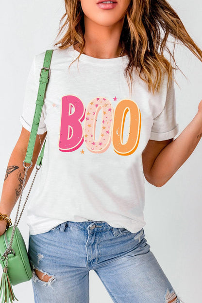 White Halloween BOO Letter Graphic T-shirt - L & M Kee, LLC