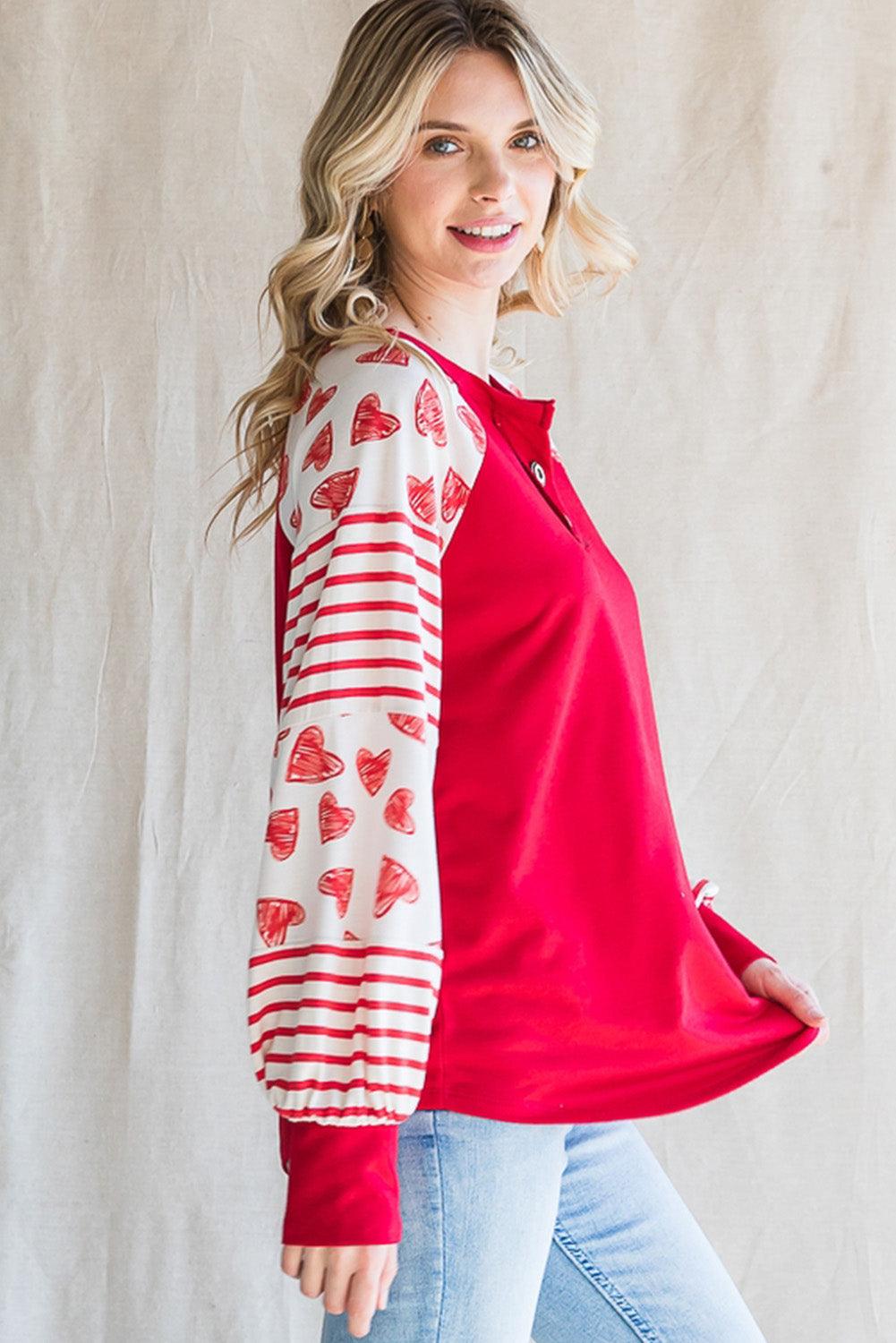 Fiery Red Heart Striped Raglan Sleeve Henley Top - L & M Kee, LLC