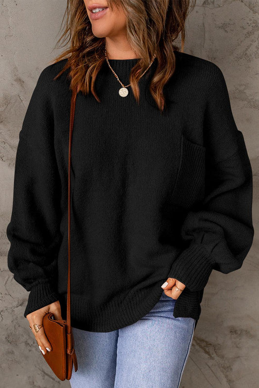 Black Solid Color Puffy Sleeve Pocketed Sweater - L & M Kee, LLC