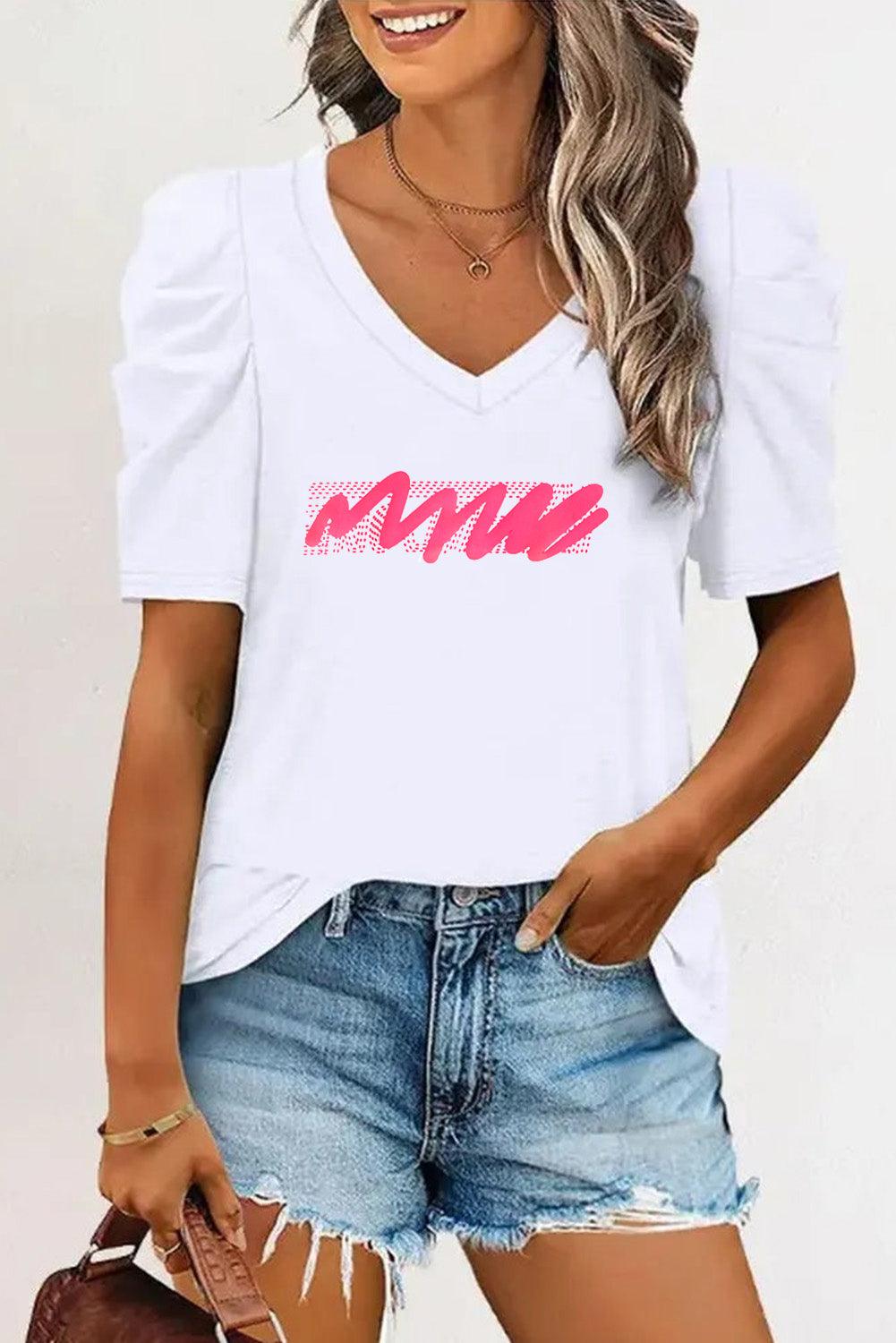 White Abstract Graphic V Neck Puff Sleeve T-shirt - L & M Kee, LLC