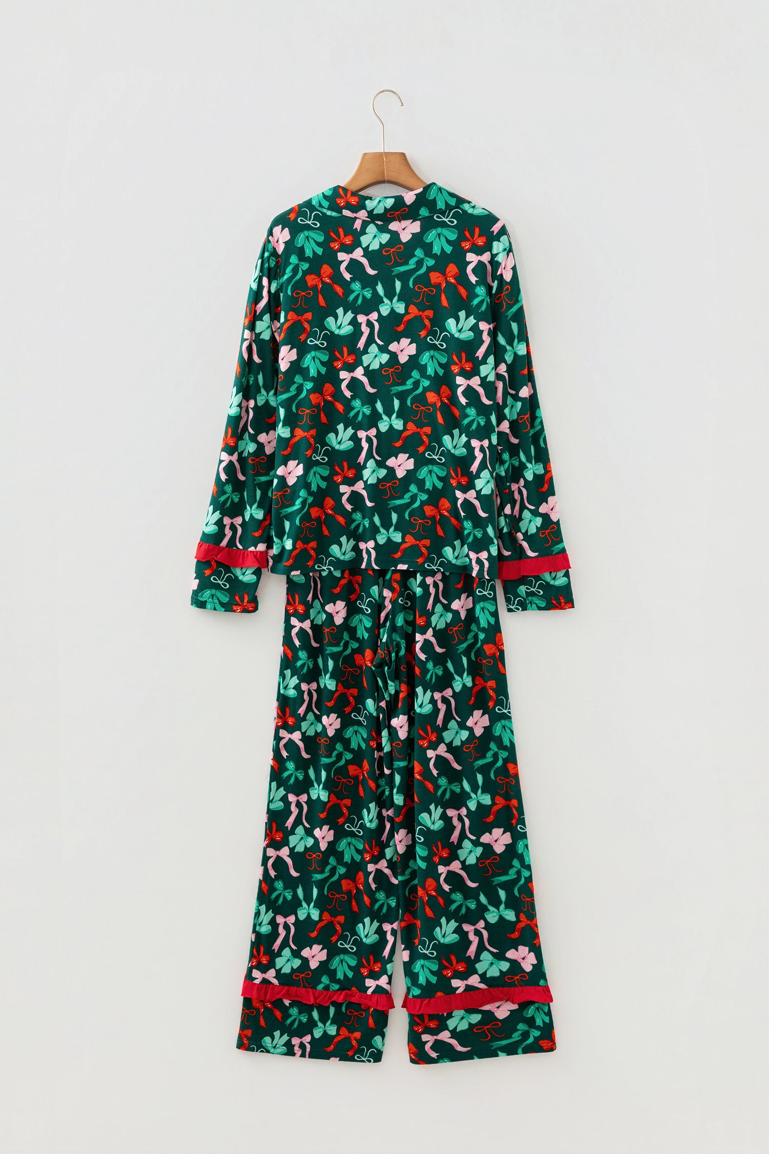 Green Festive Bow Print 2pcs Pajama Pant Set