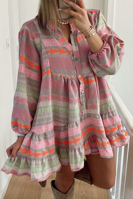 Multicolour Boho Print Puff Sleeve Buttoned Babydoll Dress - L & M Kee, LLC