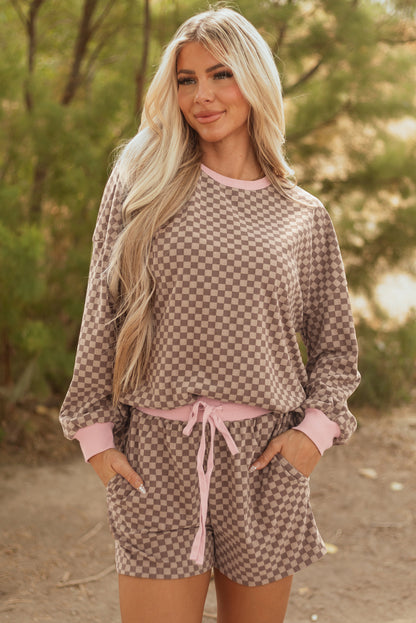 Brown Checkerboard Long Sleeve Pullover and Shorts Set