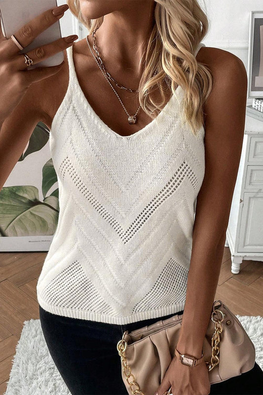 White Chevron Pointelle Knit Spaghetti Straps Sweater Vest - L & M Kee, LLC