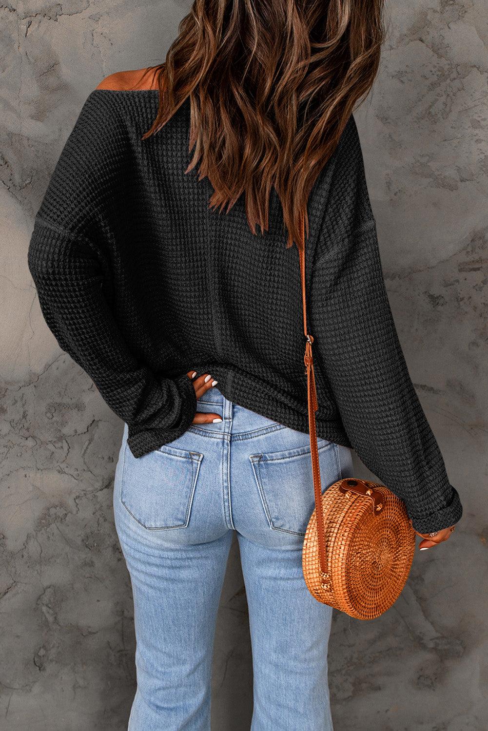 Black Waffle Knit Loose Long Sleeve Top - L & M Kee, LLC