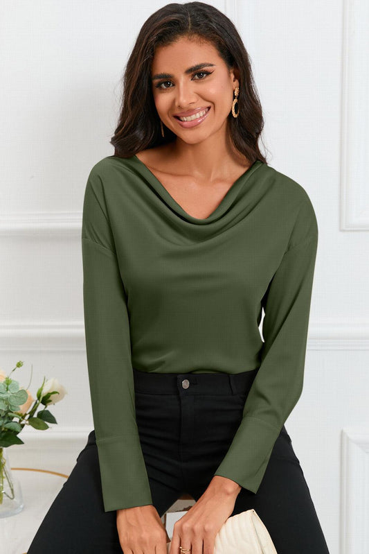 Cowl Neck Long Sleeve Elegant Blouse - L & M Kee, LLC