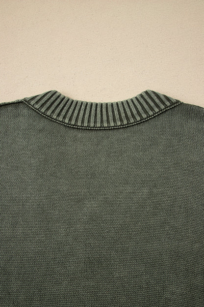 Black Mineral Wash V Neck Knit Exposed Seam Drop Shoulder Loose Sweater