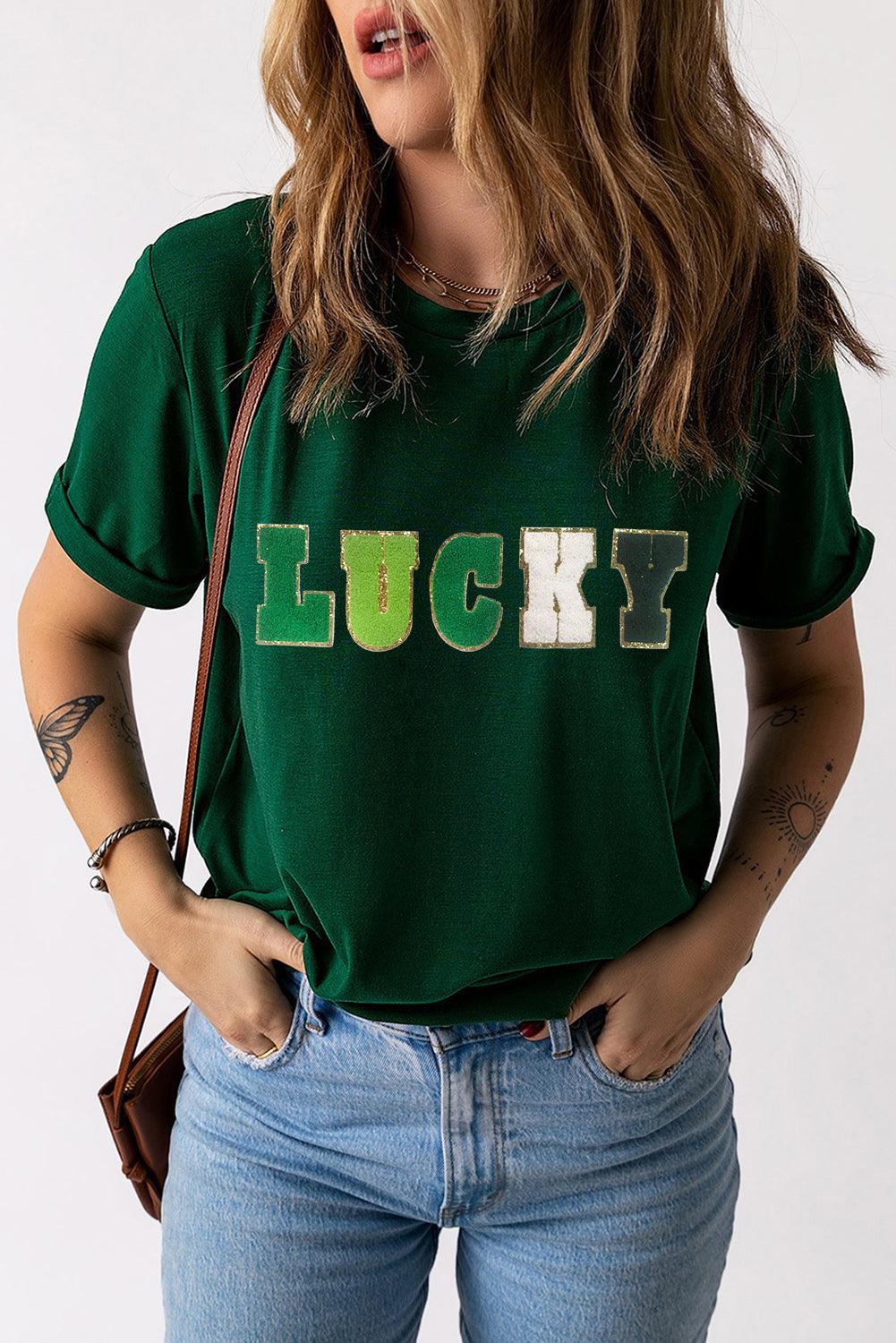 Green LUCKY Glitter Chenille Patched Crew Neck T Shirt - L & M Kee, LLC