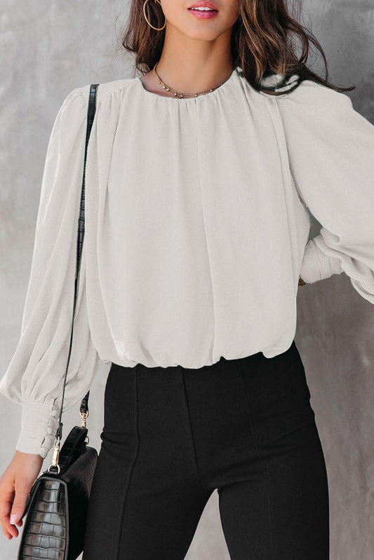 White Padded Shoulder Buttoned Cuffs Pleated Loose Blouse - L & M Kee, LLC