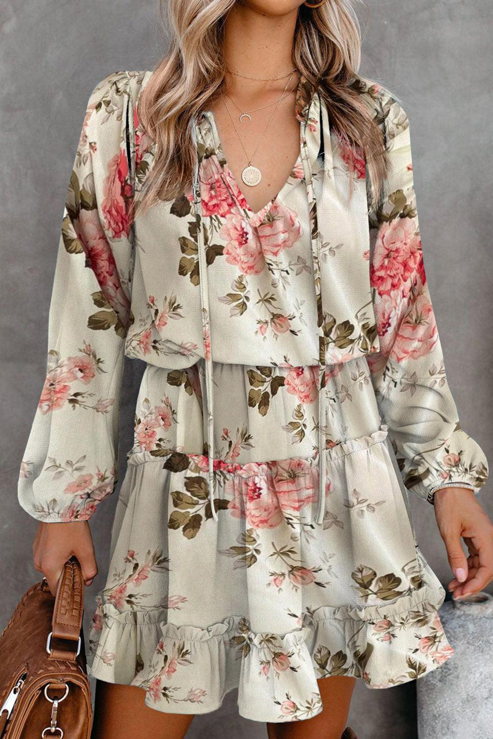 Beige Floral Split Neck Cinched Waist Ruffle Mini Dress - L & M Kee, LLC