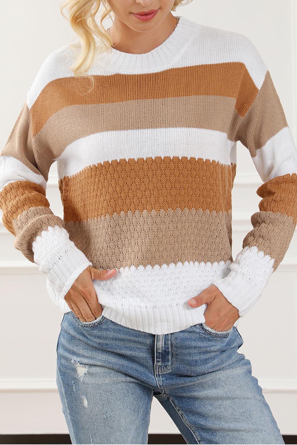 Chestnut Striped Cable Knit Drop Shoulder Sweater - L & M Kee, LLC