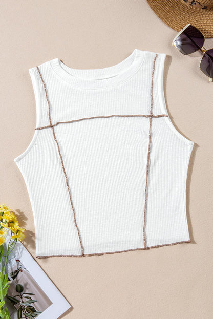 White Contrast Seams Ribbed Tank Top - L & M Kee, LLC