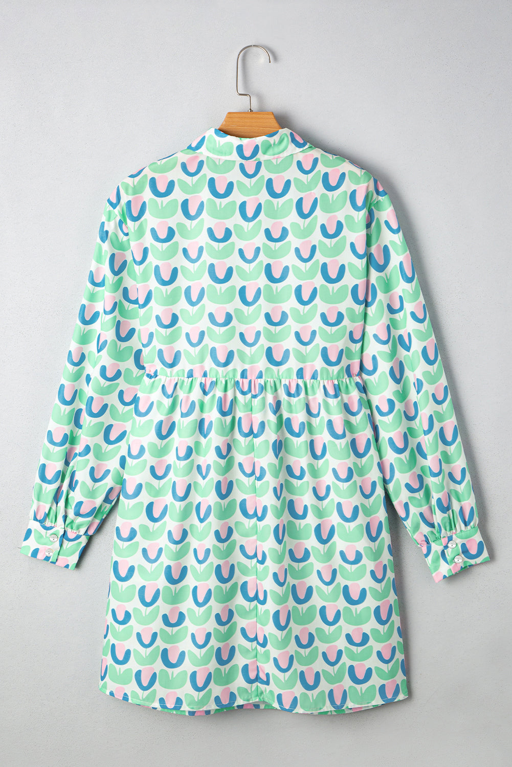 Green Floral Print Notched Neck Scalloped Detail Long Sleeve Mini Dress