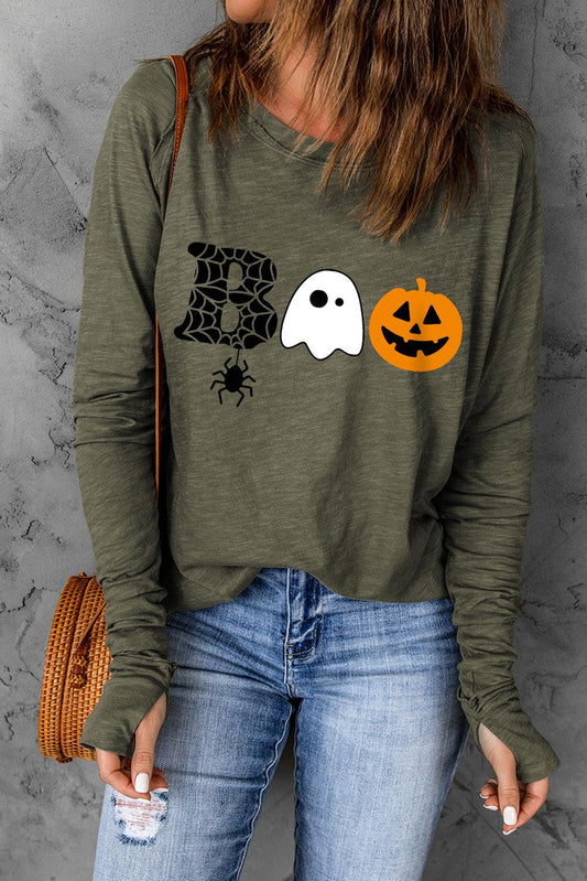 Green Halloween BOO Print Long Sleeve Graphic T Shirt - L & M Kee, LLC