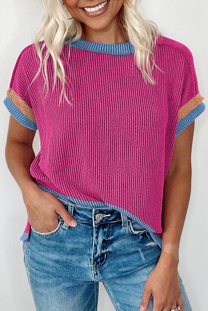 Bright Pink Textured Contrast Trim Round Neck T Shirt - L & M Kee, LLC