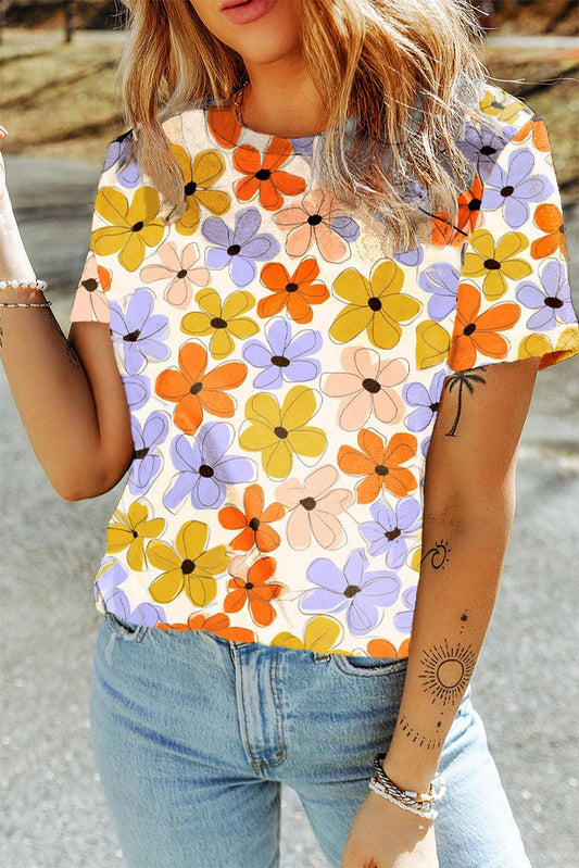 Orange Summer Flower Print Casual Round Neck T Shirt - L & M Kee, LLC