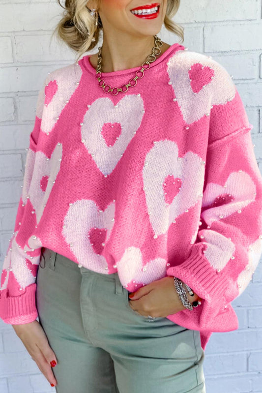Bonbon Pearl Beaded Floral Drop Shoulder Sweater - L & M Kee, LLC