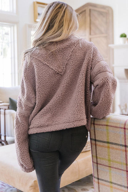 Dusty Pink Collared Neckline Half Zip Fluffy Pullover Sweatshirt - L & M Kee, LLC