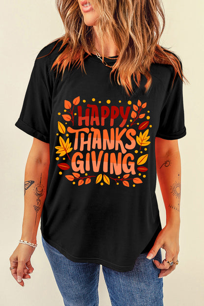 Black Happy Thanksgiving Leaves Print Crew Neck T Shirt