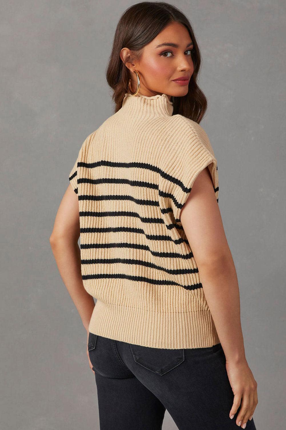 Parchment Striped Ribbed Knit High Neck Sweater - L & M Kee, LLC