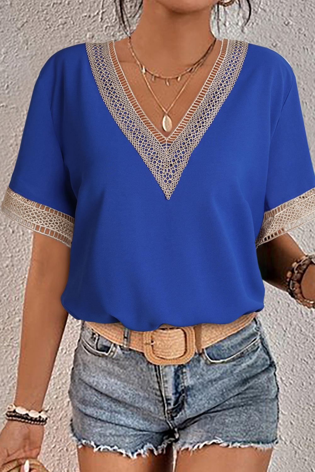 Lace Trim V Neck Short Sleeve Blouse - L & M Kee, LLC