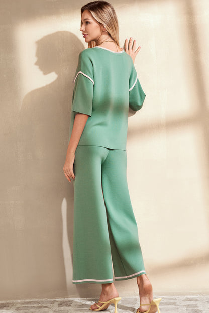 White Contrast Trim Half Sleeve Top Drawstring Pants Loose 2pcs Sweater Suit