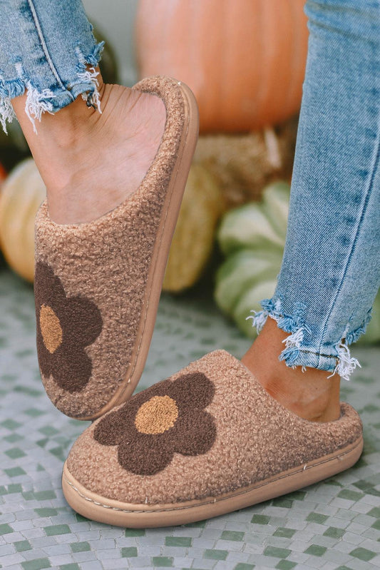 Camel Fuzzy Flower Pattern Homewear Slippers - L & M Kee, LLC