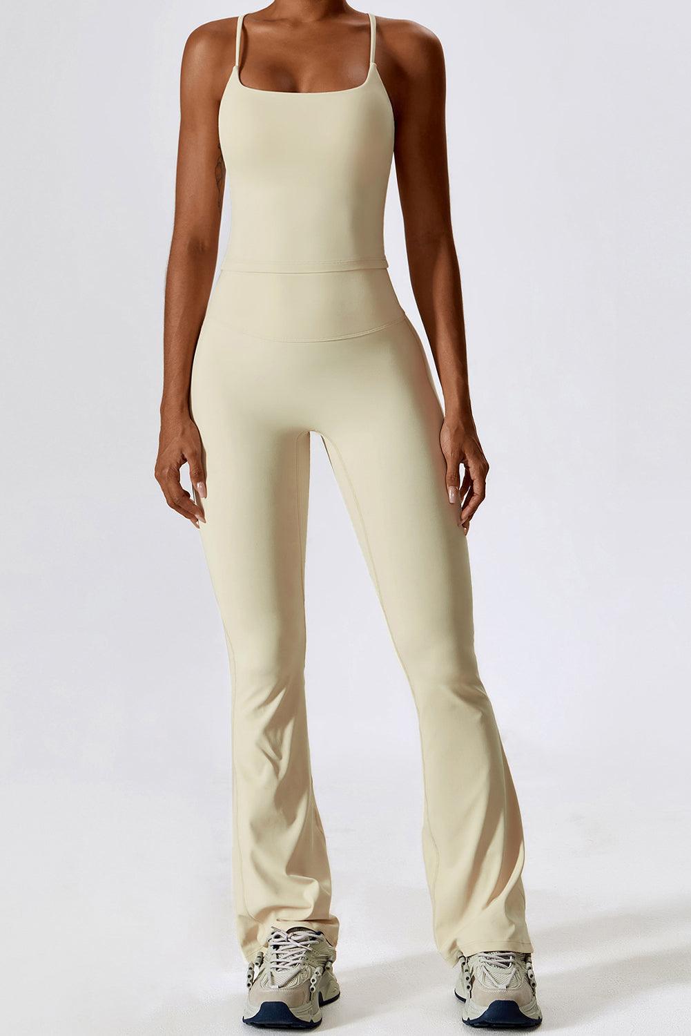 Apricot Spaghetti Straps Tank and Flare Leggings Fitness Set - L & M Kee, LLC