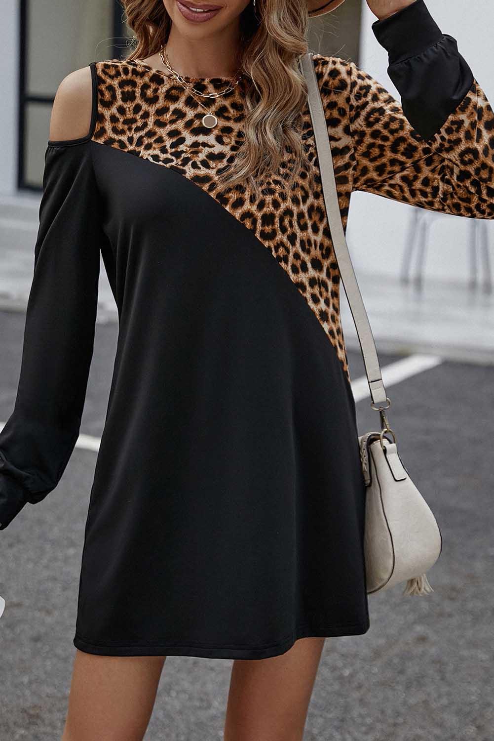 Black Asymmetric Cold Shoulder Leopard Colorblock Mini Dress - L & M Kee, LLC