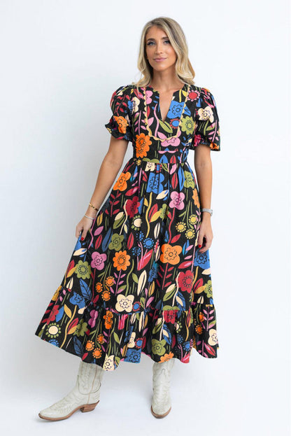 Black Retro Floral Printed Split Neck Maxi Dress - L & M Kee, LLC