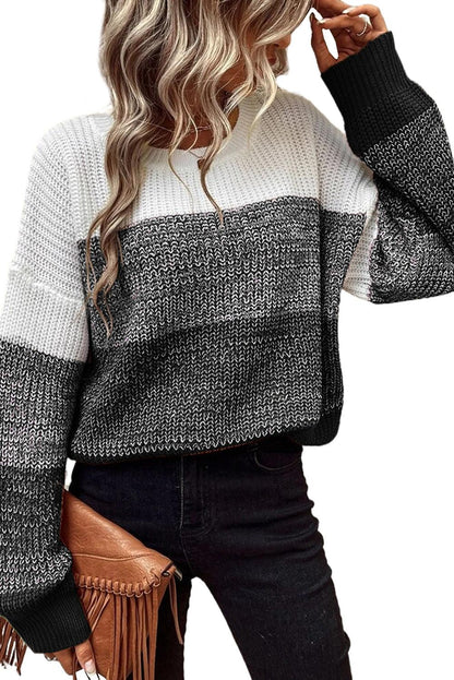 Black Color Block Drop Shoulder Ribbed Trim Sweater - L & M Kee, LLC