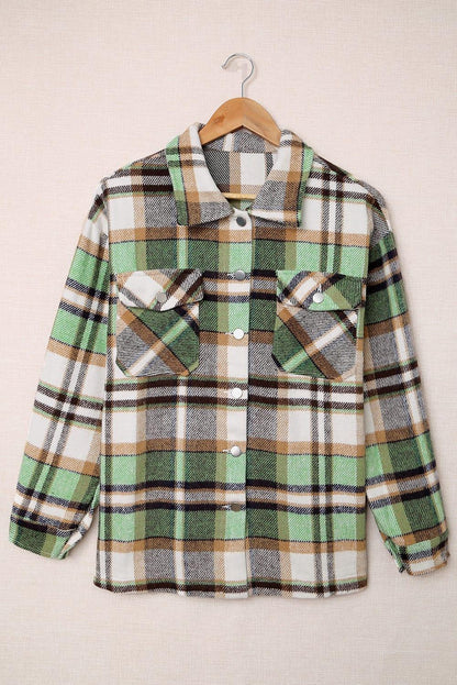 Geometric Plaid Print Pocketed Shacket - L & M Kee, LLC