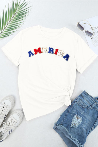 White Chenille AMERICA Graphic Crewneck T Shirt - L & M Kee, LLC