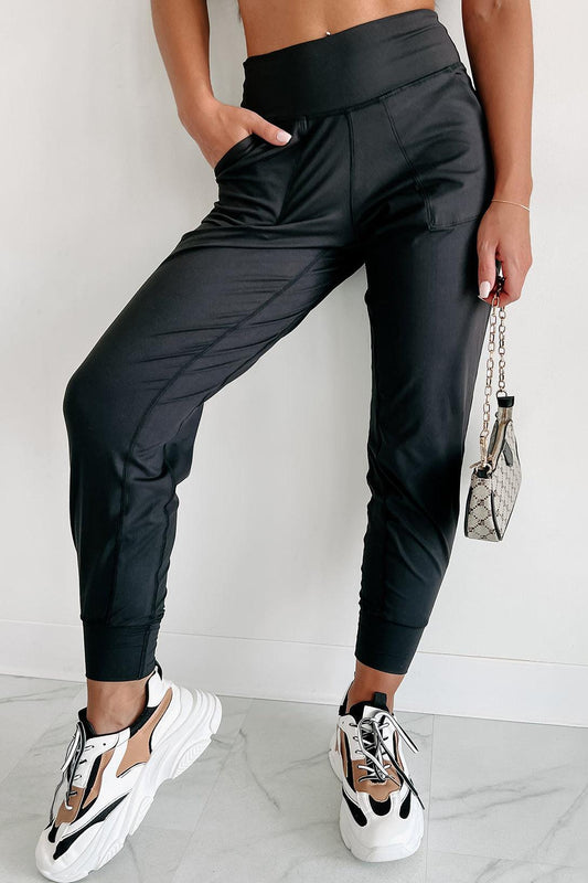 Black Exposed Seam High Waist Pocketed Joggers - L & M Kee, LLC