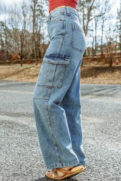 Sky Blue Cool Cargo Style Wide Leg Jeans - L & M Kee, LLC