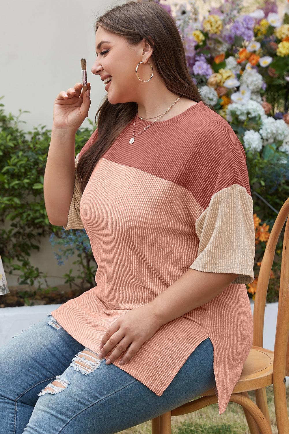 Rose Pink Plus Size Ribbed Colorblock T-shirt