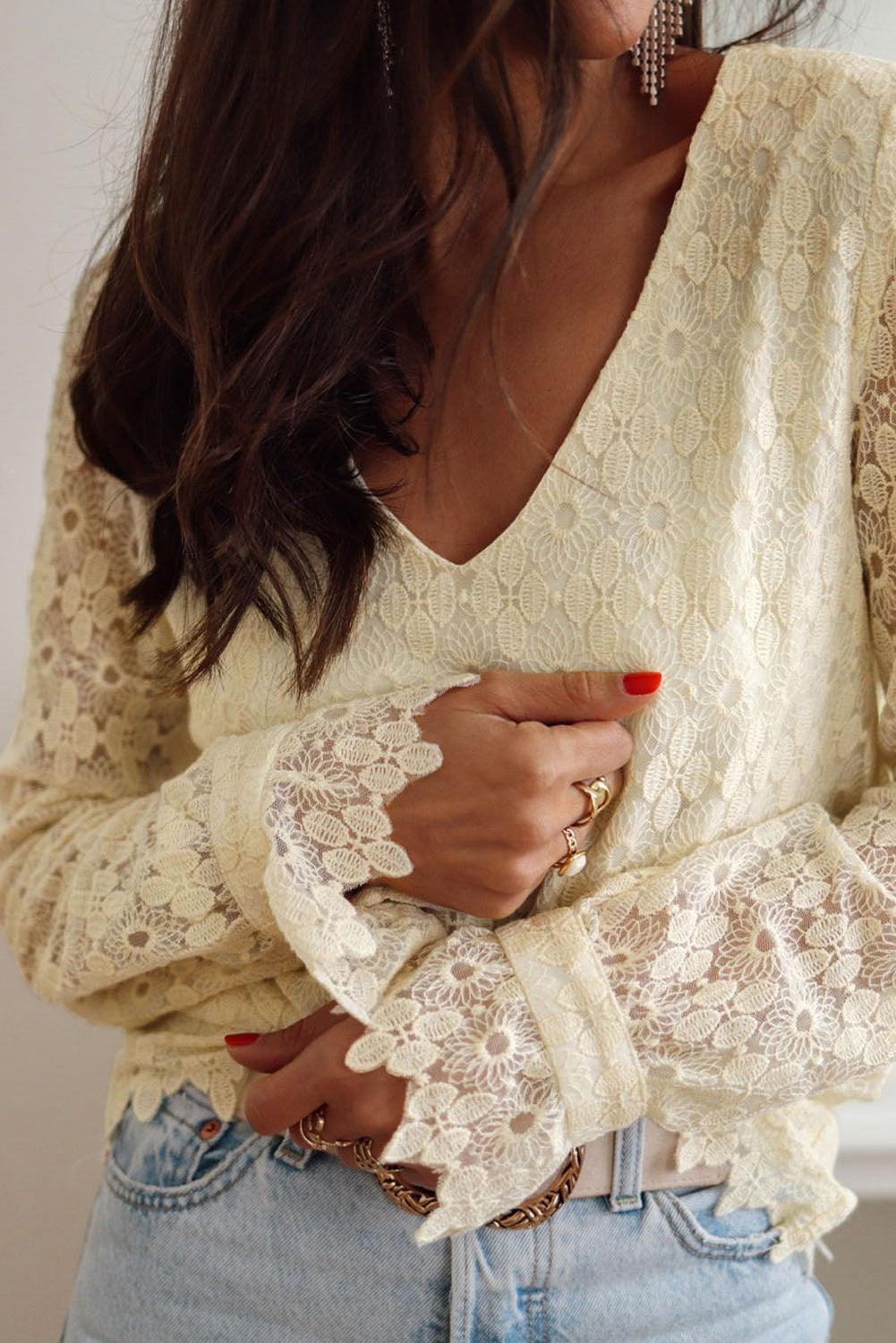 Beige Floret Lace V Neck Long Sleeve Blouse - L & M Kee, LLC