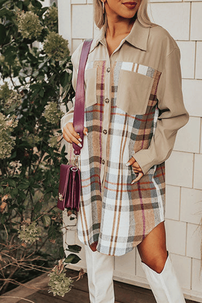 Khaki Plaid Patchwork Long Sleeve Shirt Mini Dress