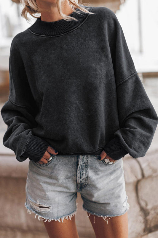 Black Drop Shoulder Crew Neck Pullover Sweatshirt - L & M Kee, LLC