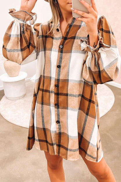 Khaki Plaid Pattern Collared Neck Ruffled Sleeve Shirt Dress - L & M Kee, LLC