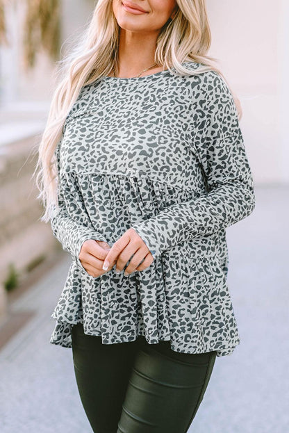 Leopard Print Long Sleeve Ruffled Babydoll Blouse - L & M Kee, LLC