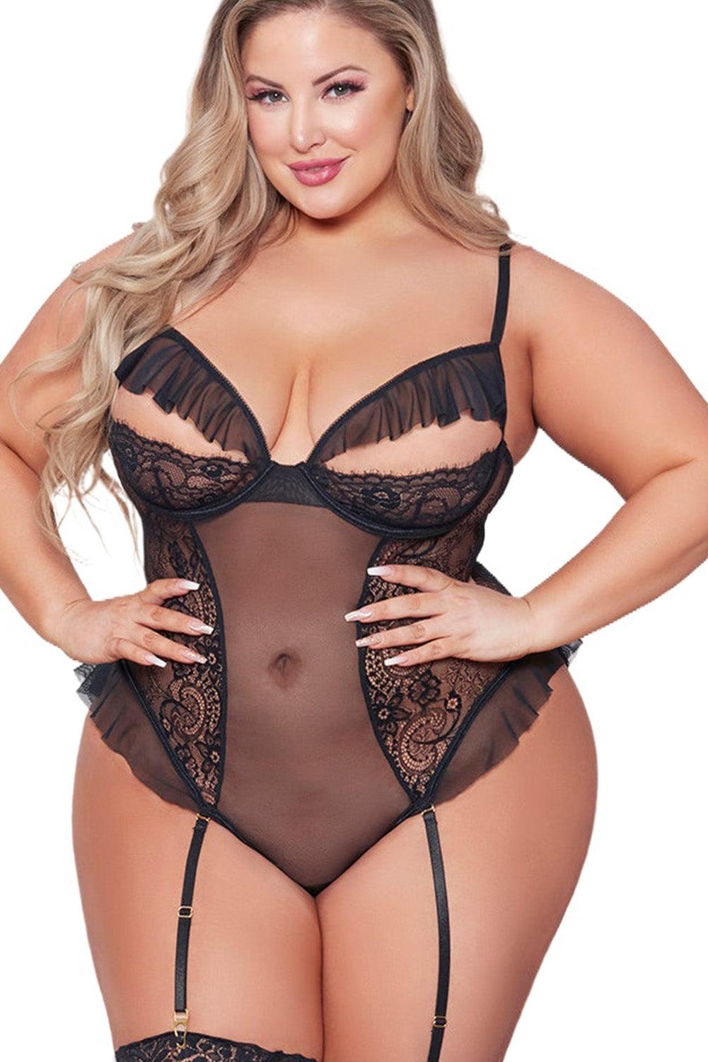 Pink Plus Size Lace Mesh Ruffle Peekaboo Teddy Lingerie - L & M Kee, LLC