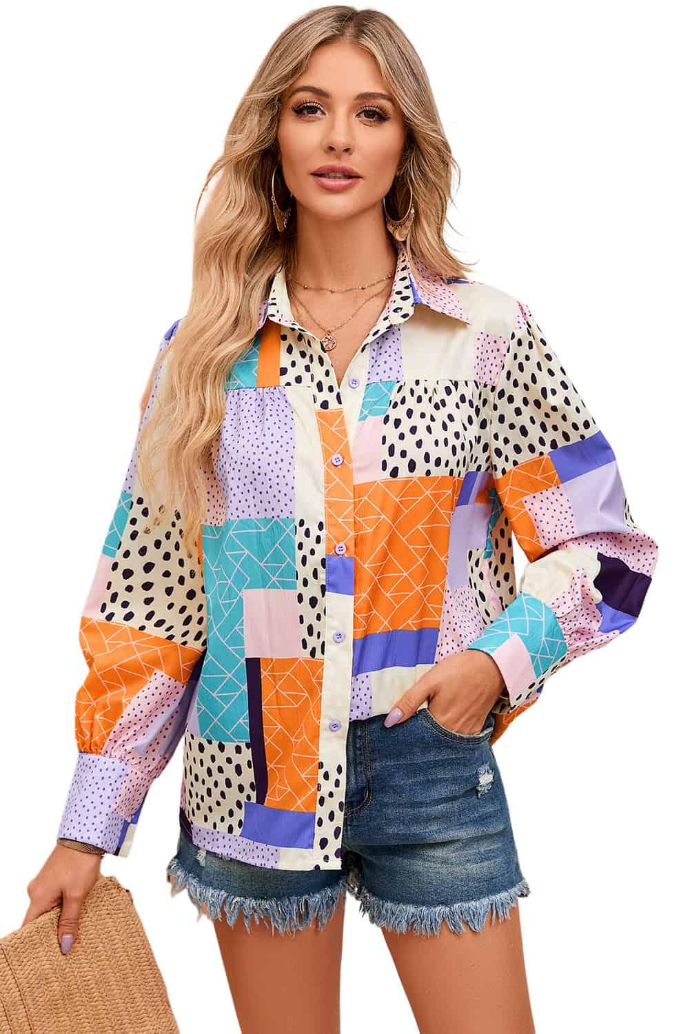 Multicolor Mixed Print Button Front Cuffed Sleeve Shirt - L & M Kee, LLC