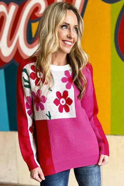 Rose Red Floral Mixed Color Block Sweater - L & M Kee, LLC